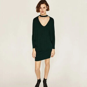 Zara Green Vneck  Choker Knit Sweater Dress